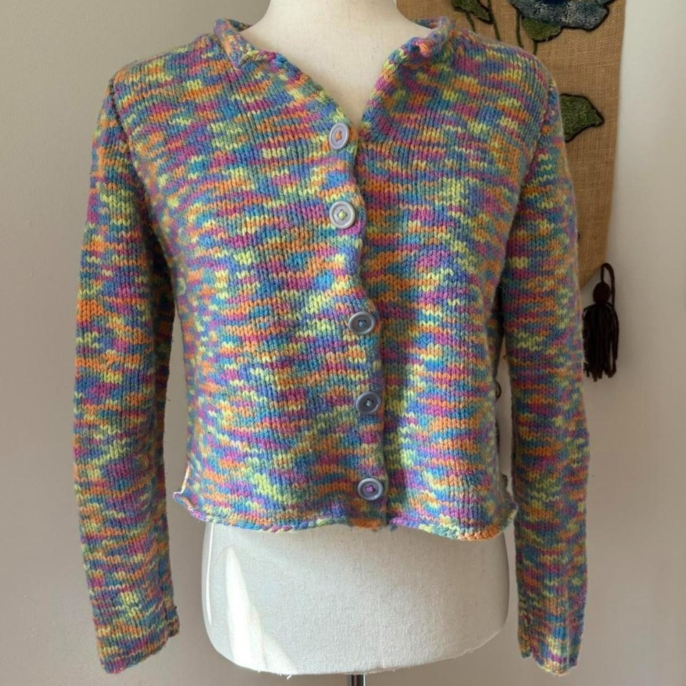 Vintage Handmade Colorful Cropped Cardigan Space Dye Knit Sweater Mens XS-M
